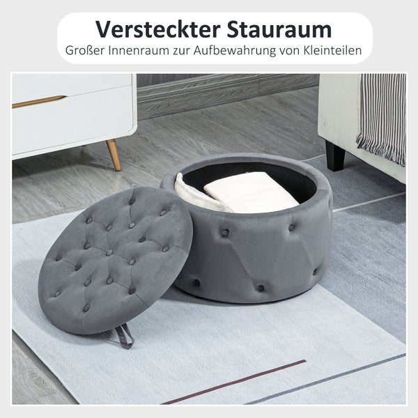 HOMCOM Sitzhocker mit Stauraum, Deckel, Runde Ottomane, für Wohnzimmer,  Ø60 x 40 cm, Samtoptik, Grau
