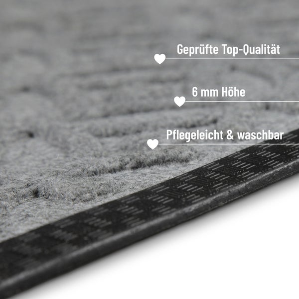 Detailansicht einer Fußmatte mit 6 Millimeter Höhe, geprüfter Top-Qualität sowie pflegeleichtem und waschbarem Material.