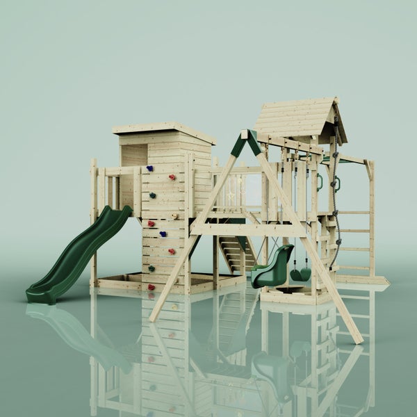 Holzspielturm mit Rutsche, Schaukel und Kletterwand für den Außenbereich