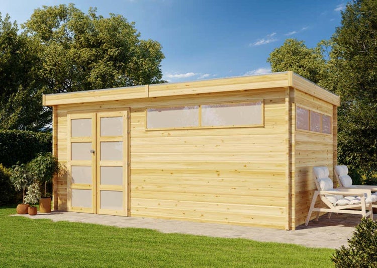 Alpholz Gerätehaus Modern 480x320 Gartenhaus aus Holz, Holzhaus mit 44 mm Wandstärke, Blockbohlenhaus, Naturbelassen 5,1x4,1m