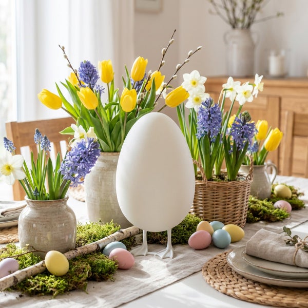 Osterdekoration mit dekorativem Ei auf Entenfüßen, umgeben von Hyazinthen, Tulpen, Narzissen, Moos und bunten Ostereiern auf einem Esstisch.