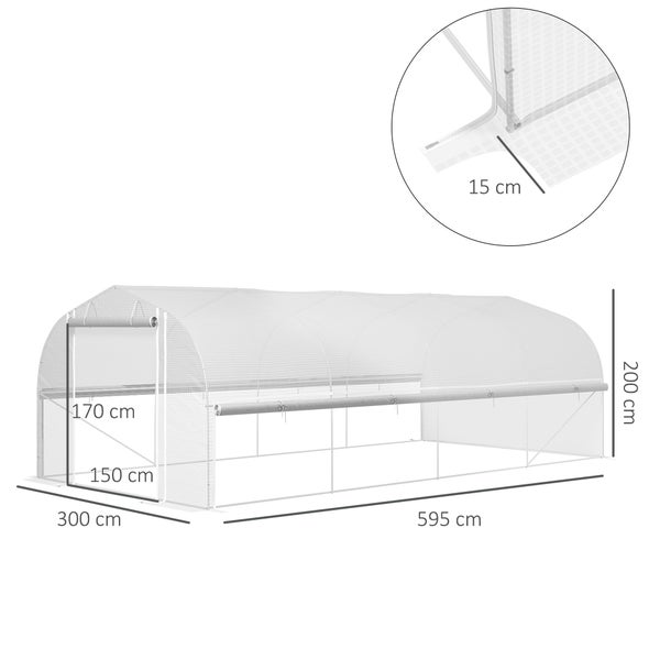 Outsunny Gewächshaus 6 x 3 x 2 m Foliengewächshaus mit 8 Fenster & Tür, Aufrollbar Seitenwänden, UV-beständiger Folientunnel Tomatenhaus mit verzinkten Stahlrahmen, Weiß