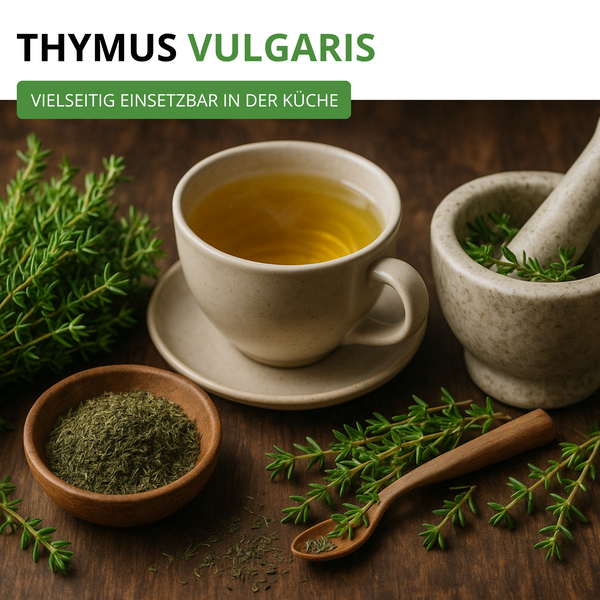 Thymus Vulgaris in verschiedenen Formen: Frische Zweige, getrocknete Kräuter, Tee in einer Tasse und ein Mörser auf Holz.