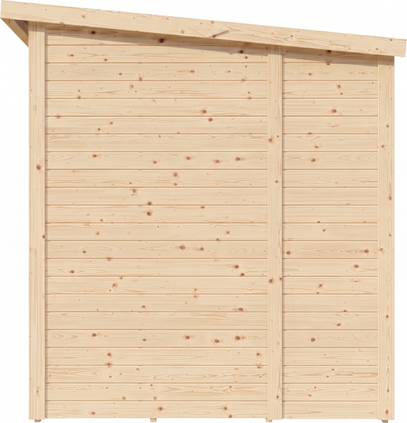 Rückwand für Gartenhaus aus unbehandeltem Holz mit Pultdach.