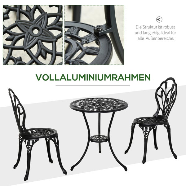 Bistro-Set aus Aluminium mit floralem Muster, bestehend aus einem runden Tisch und zwei Stühlen in Schwarz.