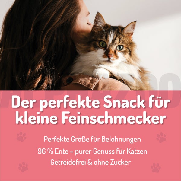 Katze kuschelt sich an eine Person, Produktinformationen zu Katzensnacks