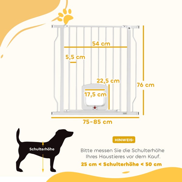 Haustierschutzgitter mit Kleintiertür, Höhe 76 Zentimeter, Breite 75 bis 85 Zentimeter, für Tiere mit einer Schulterhöhe von 25 bis 50 Zentimeter.