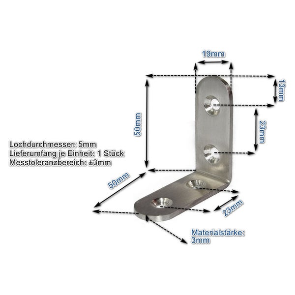 Winkelverbinder aus Metall mit Maßskizze, Schenkellänge 50 Millimeter, Materialstärke 3 Millimeter und 5 Millimeter Lochdurchmesser.