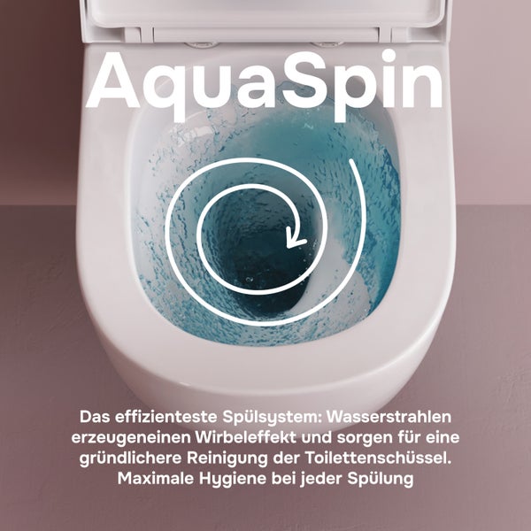 AquaSpin Spülsystem für Wand WC mit wirbelndem Wasserfluss für eine gründliche Reinigung und maximale Hygiene in der Toilettenschüssel.