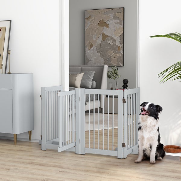 PawHut Absperrgitter Hund 4-teilig, 204 x 75 cm Faltbar Türschutzgitter mit Tür, Freistehend Hundegitter mit 2 Stützfüßen, Treppengitter aus Holz für Flur, Küche, Treppe, Hellgrau