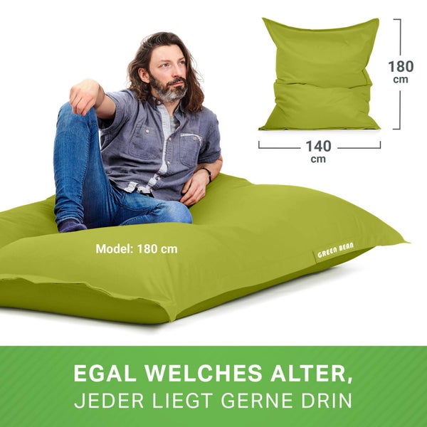 Green Bean Sitzsack XXL 140x180cm 380 Liter Kinder & Erwachsene Bean Bag EPS Perlen Füllung Riesensitzsack Groß Draußen Outdoor Liegekissen Waschbar Wetterfest Lounge Sitzkissen Bodenkissen Grün