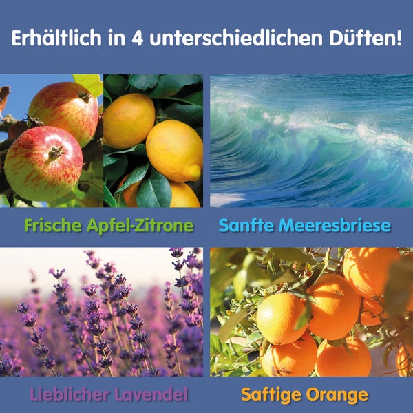 Produkt in vier Düften erhältlich: Apfel-Zitrone, Meeresbrise, Lavendel und Orange.