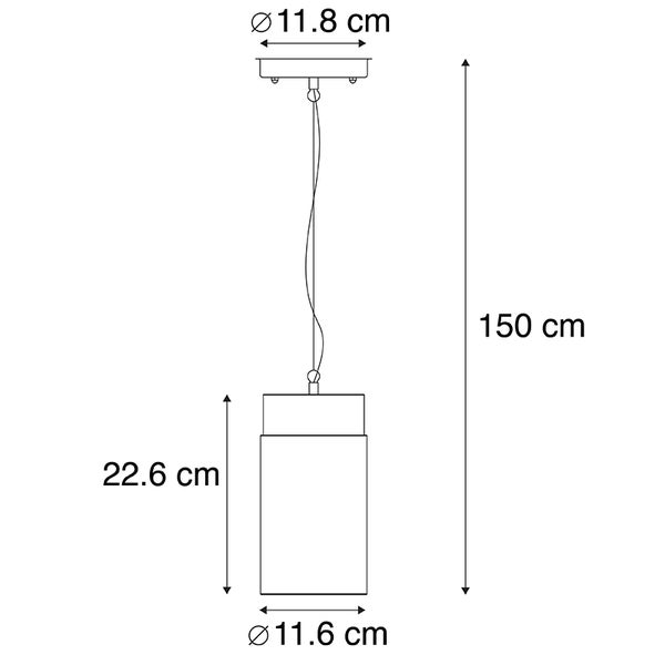 Pendelleuchte Maßskizze: Gesamthöhe 150 Zentimeter, Schirm 22,6 mal 11,6 Zentimeter, Baldachindurchmesser 11,8 Zentimeter.