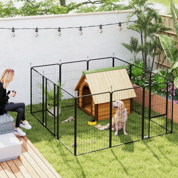 PawHut Welpenlaufstall 12-teilig Welpenauslauf mit 12 Gitterplatten Tür Erdspießen flexibel faltbar Schutzplane Freilaufgehege 100cm hoch Hundelaufstall drinnen draußen Welpengitter für Hund Katze