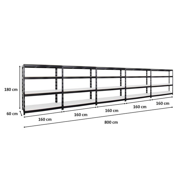 PROREGAL Mega Deal 5x Profi Schwerlastregal Rhino HxBxT 180 x 160 x 60 cm 4 Melamin-Ebenen 16mm Fachlast 500 kg Schwarz
