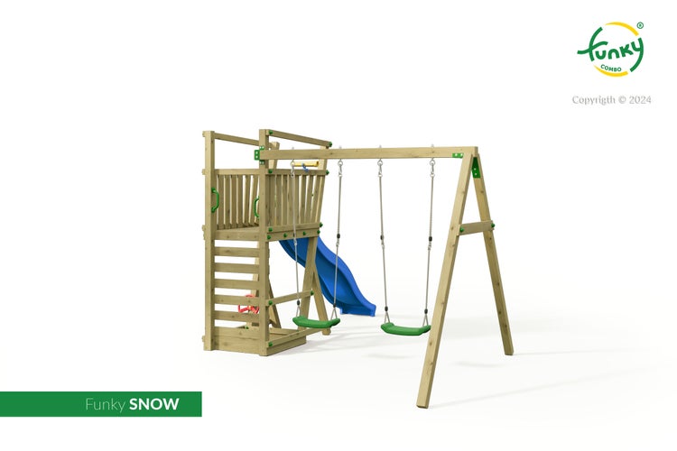 Spielturm Funky Combo Snow aus Holz mit zwei Schaukeln, blauer Rutsche und Kletterplattform für den Garten.