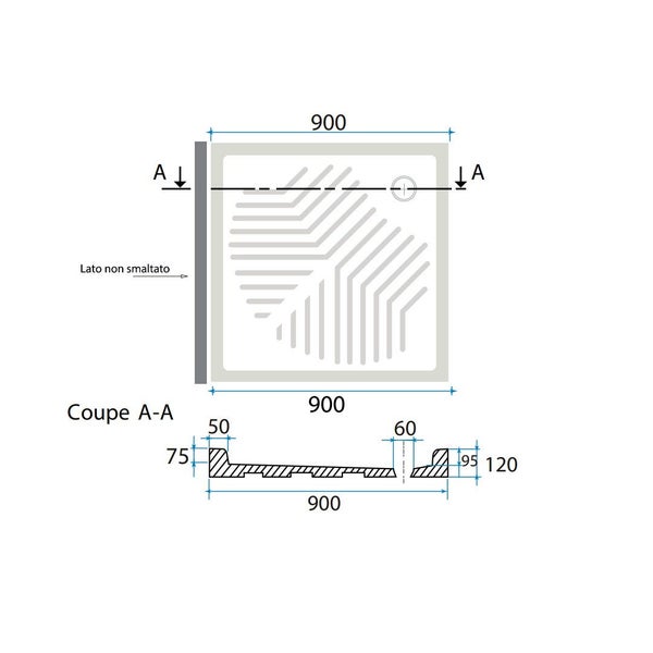 Technische Zeichnung einer Duschwanne mit Maßangaben