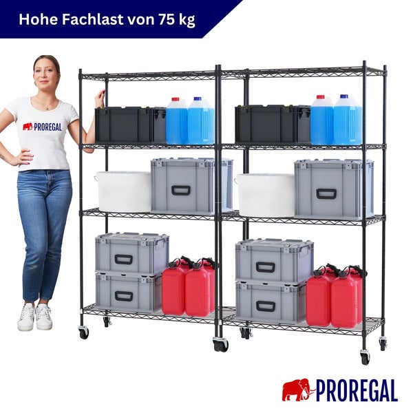 Schwarzes Metall-Drahtregal auf Rollen, beladen mit Boxen und Kanistern, 75 Kilogramm Fachlast.