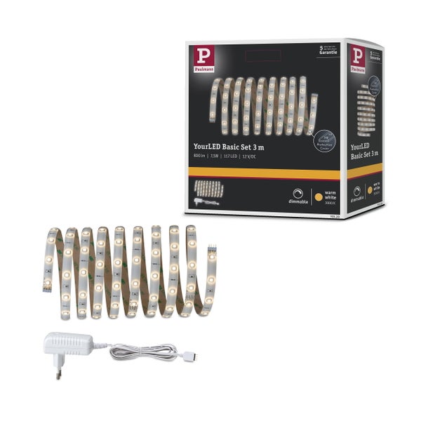 Paulmann YourLED Basic Set 3 Meter, warmweißer dimmbarer LED-Streifen inklusive Netzteil und Produktverpackung.
