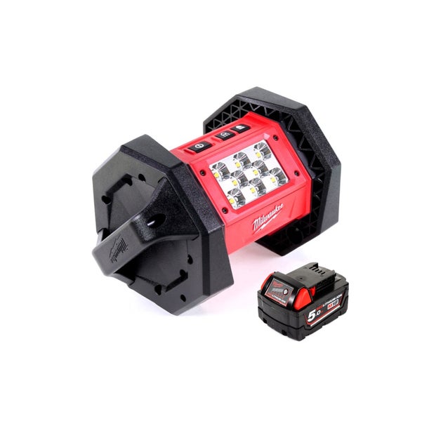 Milwaukee Akku-Baustrahler mit LED-Leuchtfläche und separatem Akku.