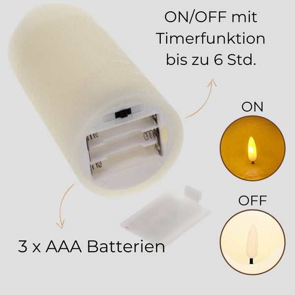 Dekorative LED Kerze mit Batteriefach für drei AAA Batterien, mit Timerfunktion und Ein- beziehungsweise Ausschalter