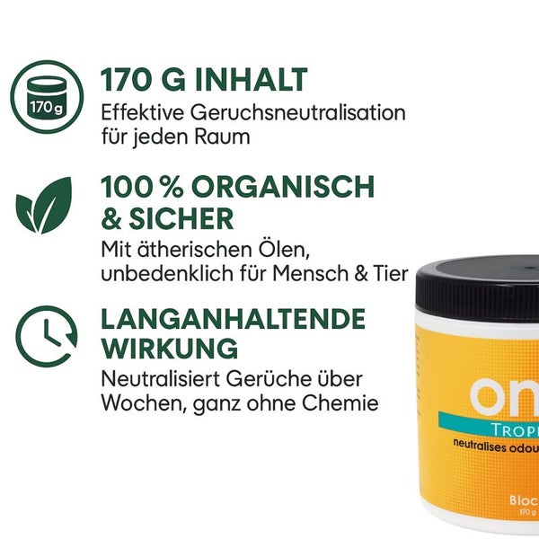 Geruchsneutralisator mit 170 Gramm Inhalt, organischer Formel und langanhaltender Wirkung.