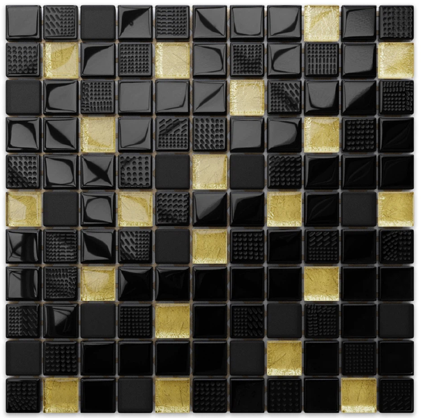 Glasmosaik in Schwarz und Gold mit verschiedenen Oberflächenstrukturen und glänzenden Akzenten für Wand und Boden.