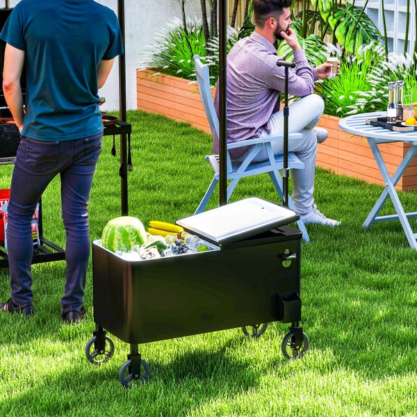 Outsunny 76L Kühlwagen Servierwagen mit Rädern Flaschenöffner Deckel Griffe Fahrbare Kühlbox Beistellwagen Bar Kühlbehälter Getränkewagen für Outdoor Terrassen Party Weiß