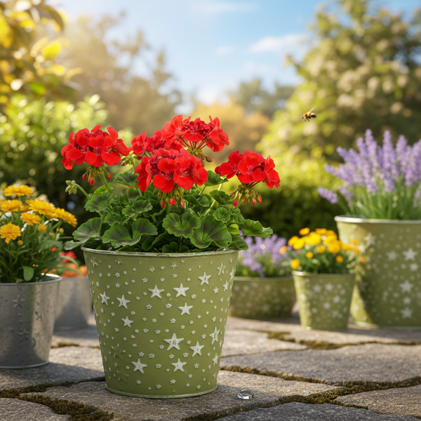 Rote Geranien in einem grünen Metalltopf mit Sternmuster auf einer sonnigen Steinterrasse im Garten.