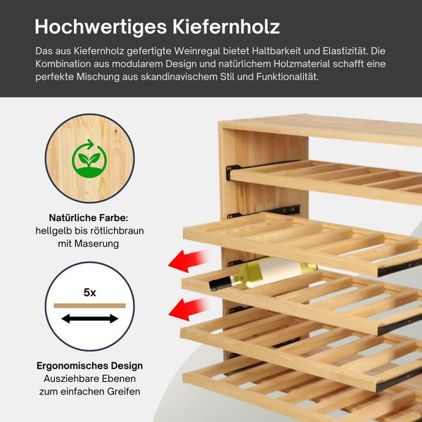 Modulares Weinregal aus Kiefernholz mit fünf ausziehbaren Ebenen für Flaschen und natürlicher Maserung.