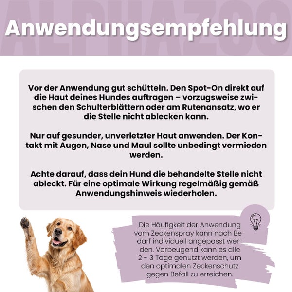 Anwendungsempfehlung für ein Zeckenspray für Hunde mit Hinweisen zur korrekten Anwendung