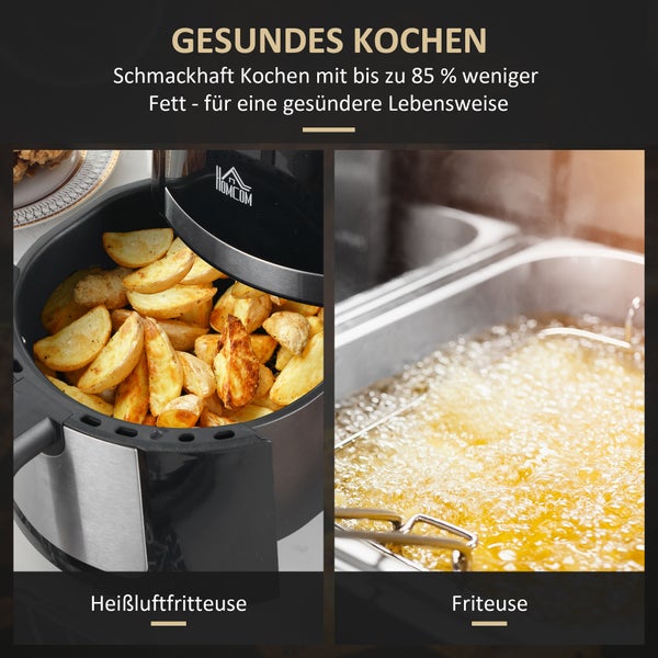 Vergleich von Heißluftfritteuse und Fritteuse für gesünderes Kochen. HOMCOM Logo sichtbar.