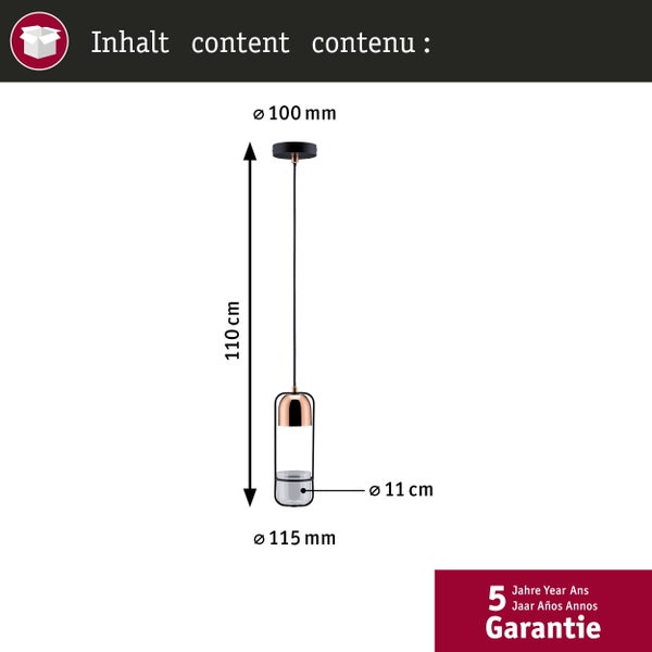 Pendelleuchte mit Maßangaben: Höhe 110 Zentimeter, Durchmesser 11,5 Zentimeter und 5 Jahre Garantie.