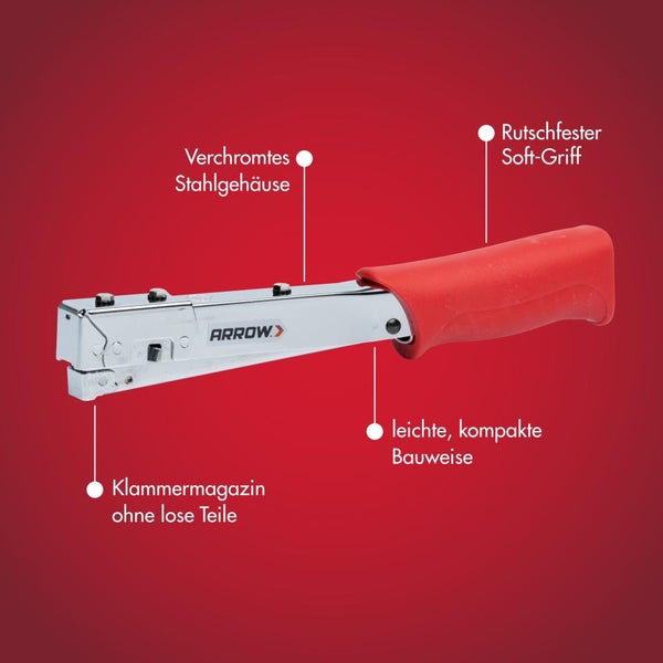 Arrow Schlagtacker mit verchromtem Stahlgehäuse, rotem rutschfestem Soft-Griff und kompaktem Design.
