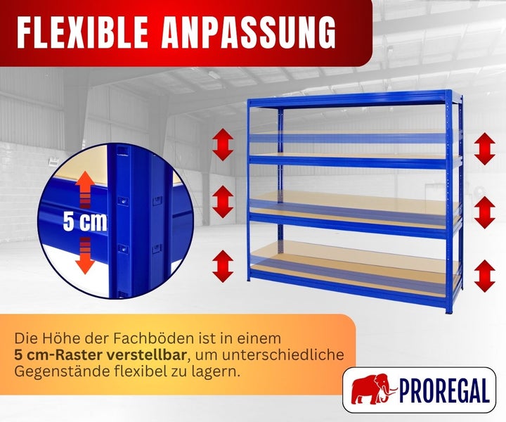 Blaues Schwerlastregal mit vier Holzfachböden, höhenverstellbar im 5 Zentimeter Raster. PROREGAL Logo.