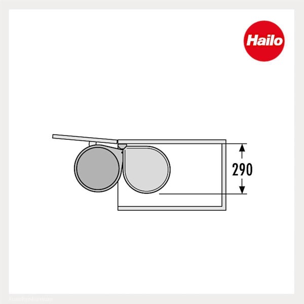 Technische Zeichnung eines Hailo Abfalltrennsystems mit einer Höhe von 290 Millimetern. Hailo Logo.