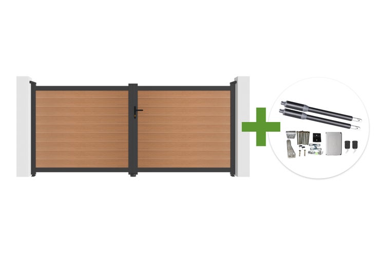 Zweiflügeliges Hoftor aus WPC und Aluminium in Braun und Anthrazit inklusive elektrischem Drehtorantrieb mit Handsendern.