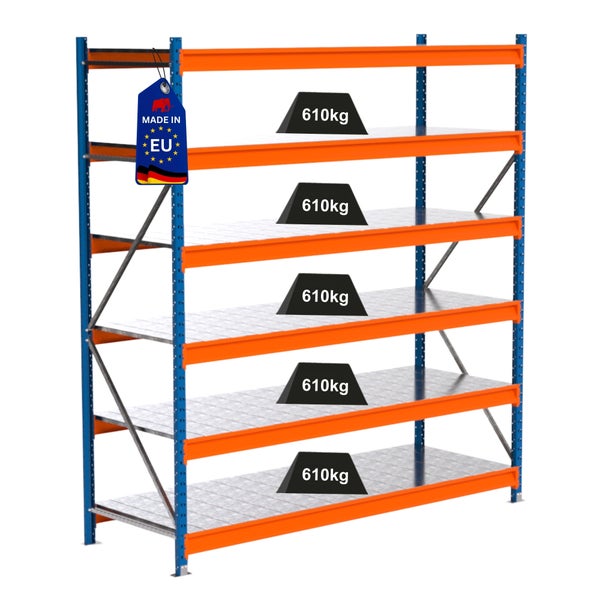Metallregal mit fünf Ebenen und einer Traglast von 610 kg pro Ebene