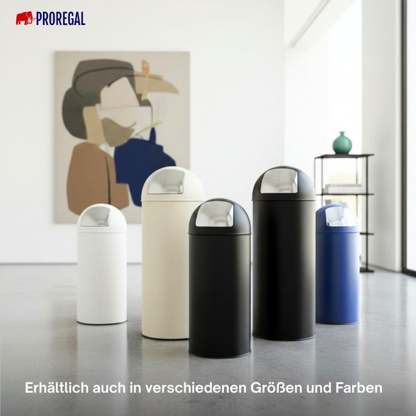 PROREGAL Logo. Fünf zylindrische Abfalleimer mit Push-Deckel in verschiedenen Farben und Größen in einem hellen, modernen Raum.