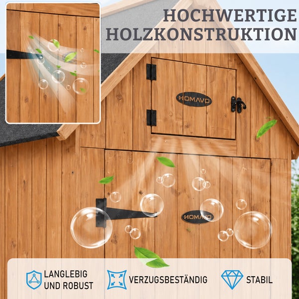 Gartenschrank aus hochwertiger Holzkonstruktion mit Homavo Logo, Merkmale für Langlebigkeit, Robustheit, Verzugsbeständigkeit und Stabilität.