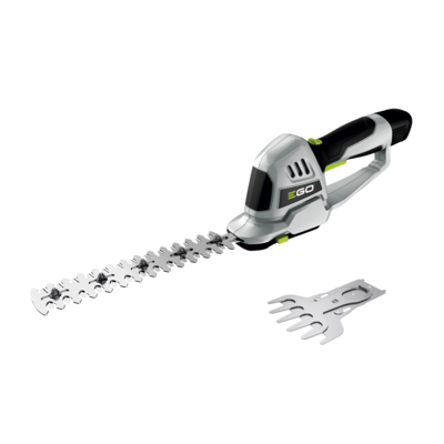 EGO Akku-Strauchschere und Grasschere Set mit zwei wechselbaren Aufsätzen für die präzise Gartenpflege.