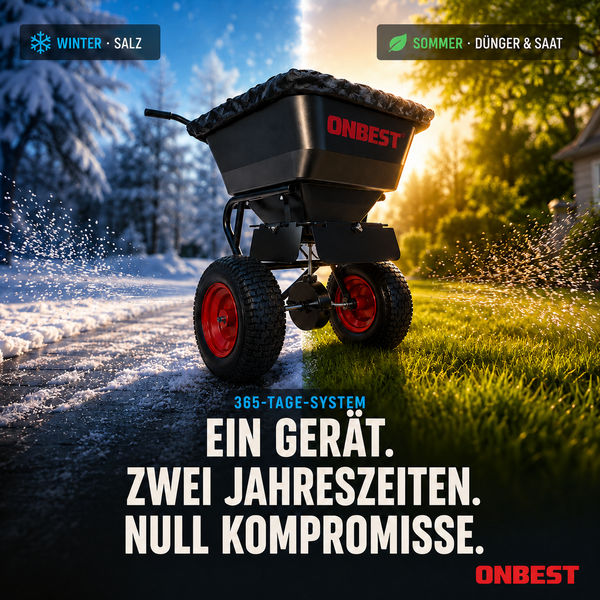 ONBEST Streuwagen mit Luftreifen für den Einsatz mit Streusalz im Winter und Dünger oder Saatgut auf einer Rasenfläche im Sommer.