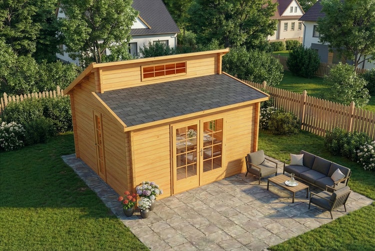 Modernes Gartenhaus aus Holz mit Pultdach und Oberlicht-Fenstern auf einer gepflasterten Terrasse mit Loungemöbeln in einem hellen Garten.