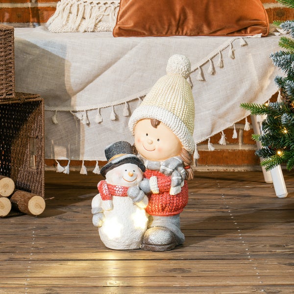 HOMCOM Weihnachtsdeko Figur, Weihnachtswichtel mit Schneemann, 45,5 cm Weihnachtsfigur mit LED-Licht, Dekofigur zu Weihnachten, für In- und Outdoor