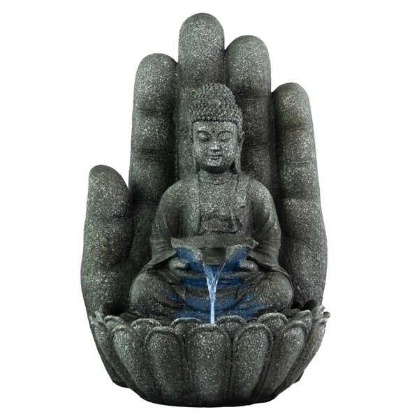 Gartenbrunnen Buddha in einer Hand mit LED-Beleuchtung, aus Polyresin in Steinoptik.