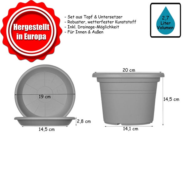 Set aus Blumentopf und Untersetzer für innen und außen, Topf 20 Zentimeter, Untersetzer 19 Zentimeter, 2,7 Liter Volumen, hergestellt in Europa.
