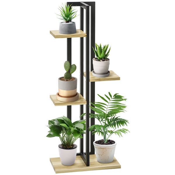 Outsunny 4-Etagen Pflanzenständer, 110 cm hoch Blumenständer für Innen Außen, Pflanzenregal aus Holz, mehrstöckig Blumenregal, Blumentreppe für Garten Balkon, Schwarz+Naturholz
