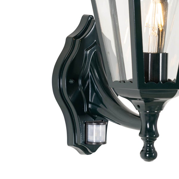 Außenwandleuchte mit Bewegungsmelder und Glaseinsätzen.