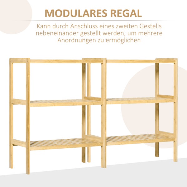HOMCOM Badregal Standregal mit 3 Ebenen, Bambusregal, Küchenregal, für Bad, Küche, Wohnzimmer, Flur, Natur, 62 x 33 x 80 cm