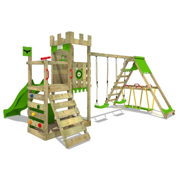 Fatmoose Spielturm Klettergerüst BoldBaron mit Surfanbau, Doppelschaukel und Rutsche  – apfelgrün